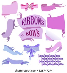 Ribbons and Bows Set, Isolated On White Background, Hand Drawn Vector Illustration