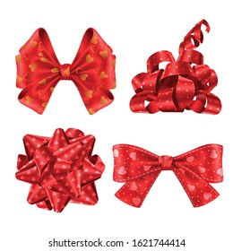 Ribbons and bows top and side view set. Collection of cute red festive elements with hearts pattern for wrapping presents and gift box isolated on white background Realistic 3d vector illustration
