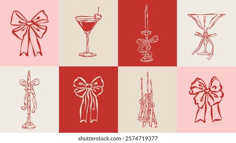 Ribbons and bows vector illustrations. Sketch style.