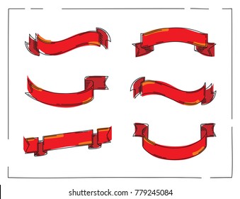 Ribbons collection, artistic modern graphic, outline with bold brush stroke in red colors, isolated
