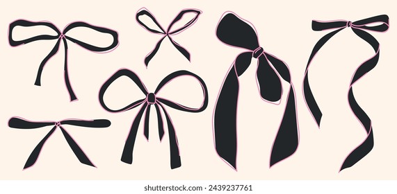 Ribbons. Collection of black bows, knots, gift bows. Bows in hand-tied and flat styles. Set of black bows with outlines