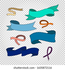 Ribbons collection. Colored vector illustration, isolated. Editable line drawing.
