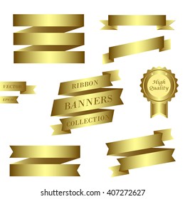 Ribbons collection. Set of different realistic golden banners and beautiful golden badge template.  Vector illustration, eps 10