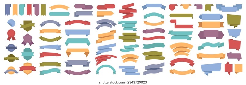 Ribbons, color banners vector illustration set in flat cartoon style. Vintage colorful design curly labels with blank space for special price promotion. Curved scroll flags or sticker banners template