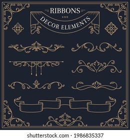 Ribbons, decorative borders, dividers, flourishes, frame. Vector vintage ornaments. Set of golden design elements isolated on dark background.