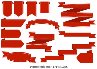 Ribbons of different sizes and shapes in red with a white dashed seam around the edges on a white background. Tapes are diverse with a unique design. Vector graphics. Stock Photo.