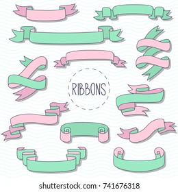 Ribbons doodle colorful decorative design elements vector set