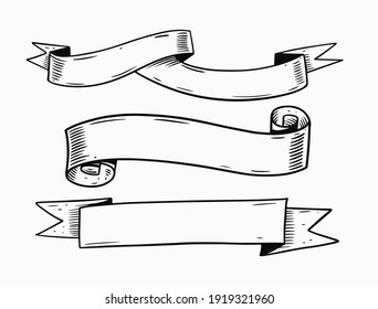 Ribbons doodle set. Black color engraving style sketch. Vector illustration. Isolated on white background.