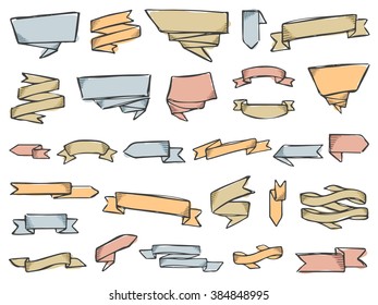 Ribbons doodle vector. Set of 28 doodle ribbons and labels. Pencil effect colorful collection. Labels and signs. Big set of simple doodles. Pencil effect. Isolated on white background. 