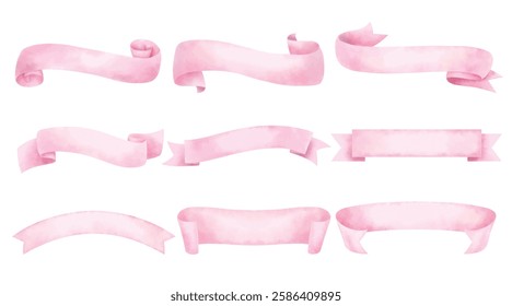 Ribbons elements watercolor stye. Flat banner ribbon for decorative design. Ribbons, Banners, badges, Labels Design Elements.