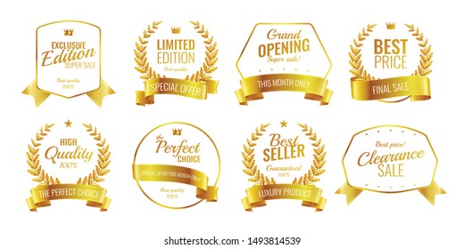 Ribbons emblems realistic set of eight isolated luxury logos with editable text captions and different shapes vector illustration