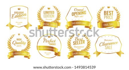 Ribbons emblems realistic set of eight isolated luxury logos with editable text captions and different shapes vector illustration