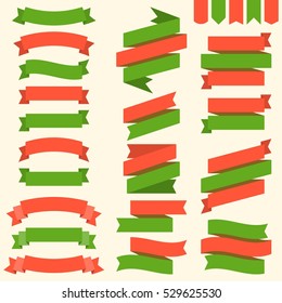 Ribbons and flags in Christmas theme, green and red for headline, banner, tag, flat design