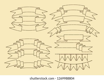 Ribbons and flags. Various draperies options. Contour images. Vector set