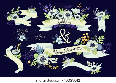 Ribbons and floral banners. Collection decorative ornaments of flowers. Vintage card with a bouquet of flowers on a dark blue background. Anemone, plants and leaves. Cute floral elements.