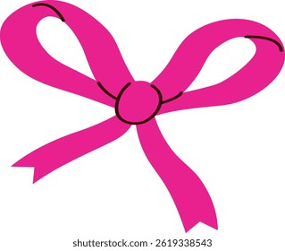 Ribbons form a tied bow with a simple drawing style.  A pretty knot of fabric bands is shown in a childlike manner. Cartoon vector illustration