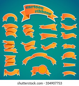 Ribbons. Funny and bright orange color cartoon style for your design. Vector set.