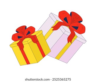 Cintas de regalo cajas de objetos de dibujos animados 2D. Regalos de cumpleaños. Donación. Paquetes de agradecimiento regalar. Cajas de regalo arcos elemento aislado Clipart de Vector plano sobre fondo blanco. Ilustración de punto