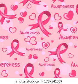 Ribbons and hearts vector. Breast cancer seamless pattern. Repetitive pink background about medical issues.