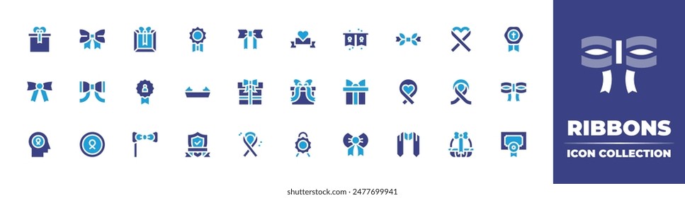 Ribbons icon collection. Duotone color. Vector illustration. Containing bow, ribbon, giftbox, selfconfidence, sash, christmaspresent, giftbasket, award, waxseal.