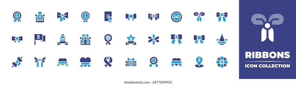 Ribbons icon collection. Duotone color. Vector illustration. Containing purpleribbon, pinkribbon, ribbon, mother, christmaspresent, bowtie, press.