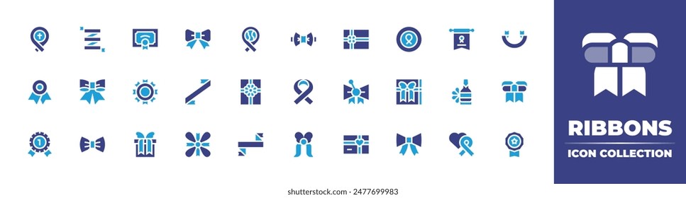 Ribbons icon collection. Duotone color. Vector illustration. Containing bow, stplaceribbon, ribbonbow, ribbon, christmaspresent, box, giftcard, bowtie.