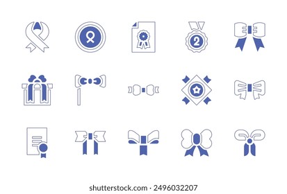 Ribbons icon set. Duotone style line stroke and bold. Vector illustration. Containing ribbon, ribbonbow, purpleribbon, silvermedal, diploma, christmaspresent, badge, license, bow.