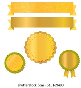 Ribbons and labels for design with textured gold foil, vector illustration