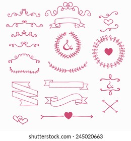 Ribbons and laurels cute cartoon handmade vector illustration in candy colors wedding graphic set