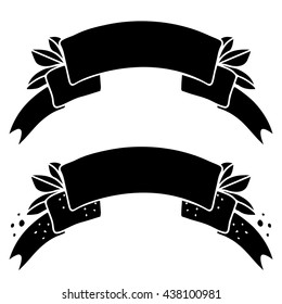 Ribbons with leaves set hand drawn black silhouette isolated on white background