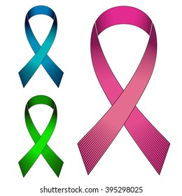 Ribbons with a loop pink, blue and green colors isolated on white background