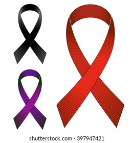 Ribbons with a loop red, black and purple colors isolated on white background
