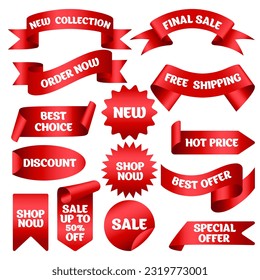 Ribbons for promotions. Sales label collection. Sale banner sticker, shopping clipart set. Stickers sale, discount, best offer, promotion, new arrival, free shipping, best choice, hot price.