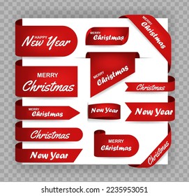 Ribbons and round sticker. Paper scrolls. Merry Christmas, realistic, paper banners. Vector illustration.
