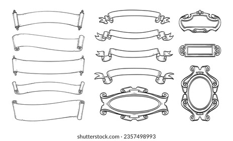 Ribbons, Rollen und Rahmen. Große Sammlung von Illustrationen im Stil einer Tintenskizze. Vintage-Banner.