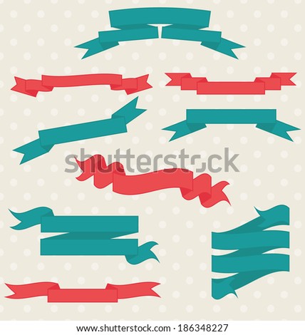 Ribbons set collection green and red retro style with polka dots background vector illustration