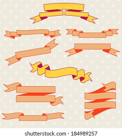 Ribbons set collection orange and yellow retro style with polka dots background vector illustration