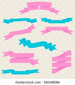 Ribbons set collection pink and blue retro style with polka dots background vector illustration