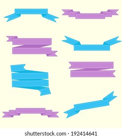 Ribbons set collection with stitches blue and purple retro style. vector illustration