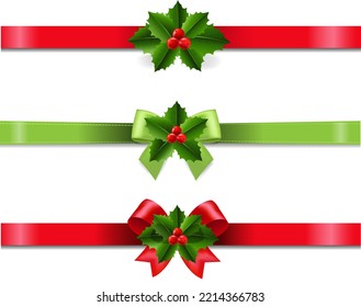 Ribbons Set With Holly Berry With Gradient Mesh, Vector Illustration