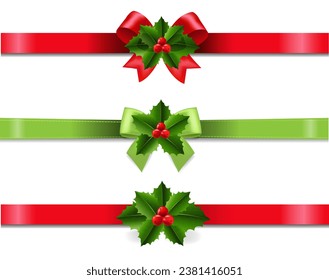 Ribbons Set With Holly Berry Isolated 
With Gradient Mesh, Vector Illustration