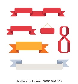 Ribbons set. Pixel art style banners. New Year's design of greeting card and invitation. Isolated vector illustration.