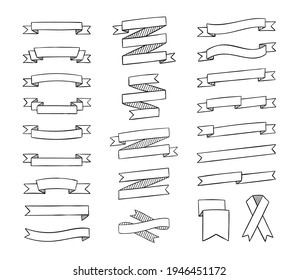 Ribbons set in sketchy style. Contour hand drawn vintage ribbons collection for text decoration, banner, labels, greeting card. Vector illustration.