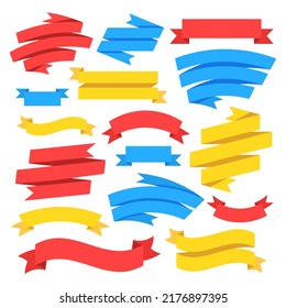 Ribbons set. Vector ribbons. Banners and labels collection. Red, blue and yellow colors. Vector illustration isolated on white background