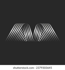 Monograma de la letra M de la forma de las cintas con curvas de rayas finas de gradiente metálico, forma de alas abstractas lineales.