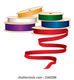 Ribbons, six spools in satin jewel colors for sewing, tailoring, dressmaking, quilting, embroidery, needlework, crafts, do it yourself hobbies, handmade, homemade fashion projects. EPS8 compatible.