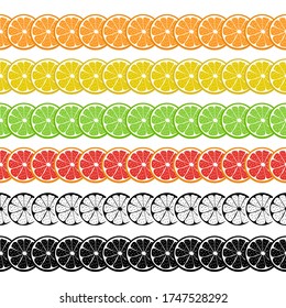 Ribbons with sliced lemon, orange, grapefruit, lime. Set of seamless horizontal borders. Isolated elements on a white background. For decoration creatives designs, banners, cards, menus, frames, etc.