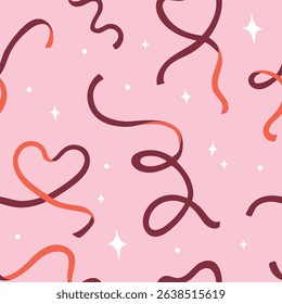 Ribbons and stars girly seamless patterns. Dreamy background in coquette style.