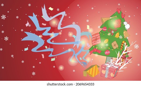 Ribbons sticking out of the Christmas tree and gift boxes