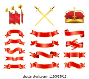 Ribbons and swords set. Red flag banners with trumpets musical instrument and sabre having handle. Coronet and crown royal items isolated on vector